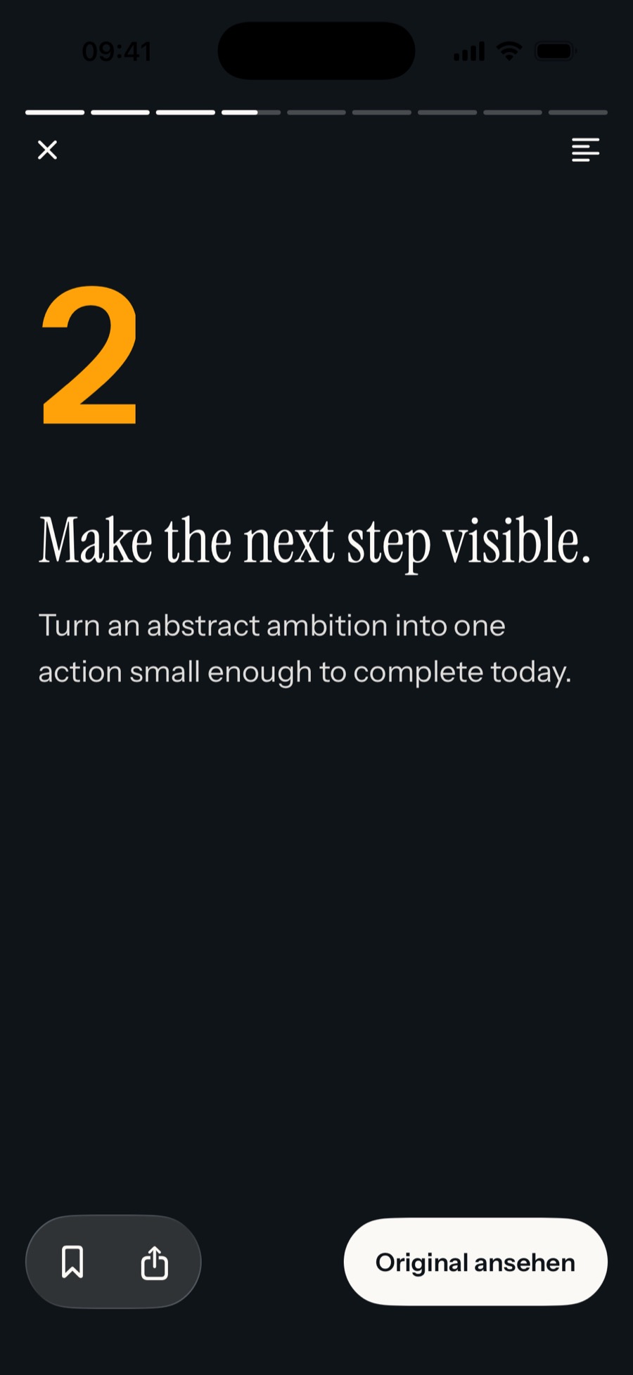 Der Reader mit der zweiten wichtigen Idee, „Make the next step visible“, und einem Button zum Original.