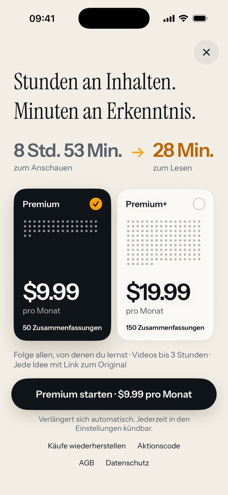 Die Abo-Seite von Sumbly: aus 8 Std. 53 Min. Anschauen werden 28 Min. Lesen; Premium für 9,99 USD im Monat mit 50 Zusammenfassungen oder Premium+ für 19,99 USD im Monat mit 150, jeweils als Punkteraster.