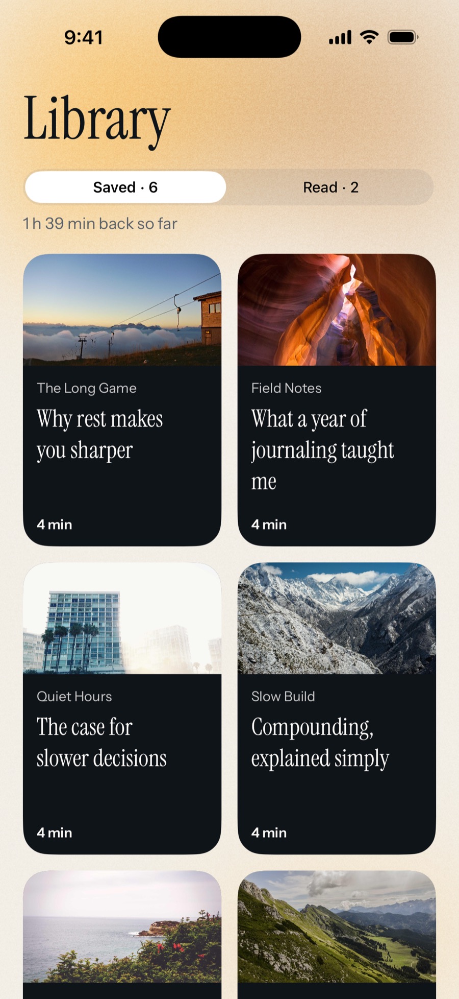 Sumbly’s Library: six saved summaries and 1 h 39 min back so far.