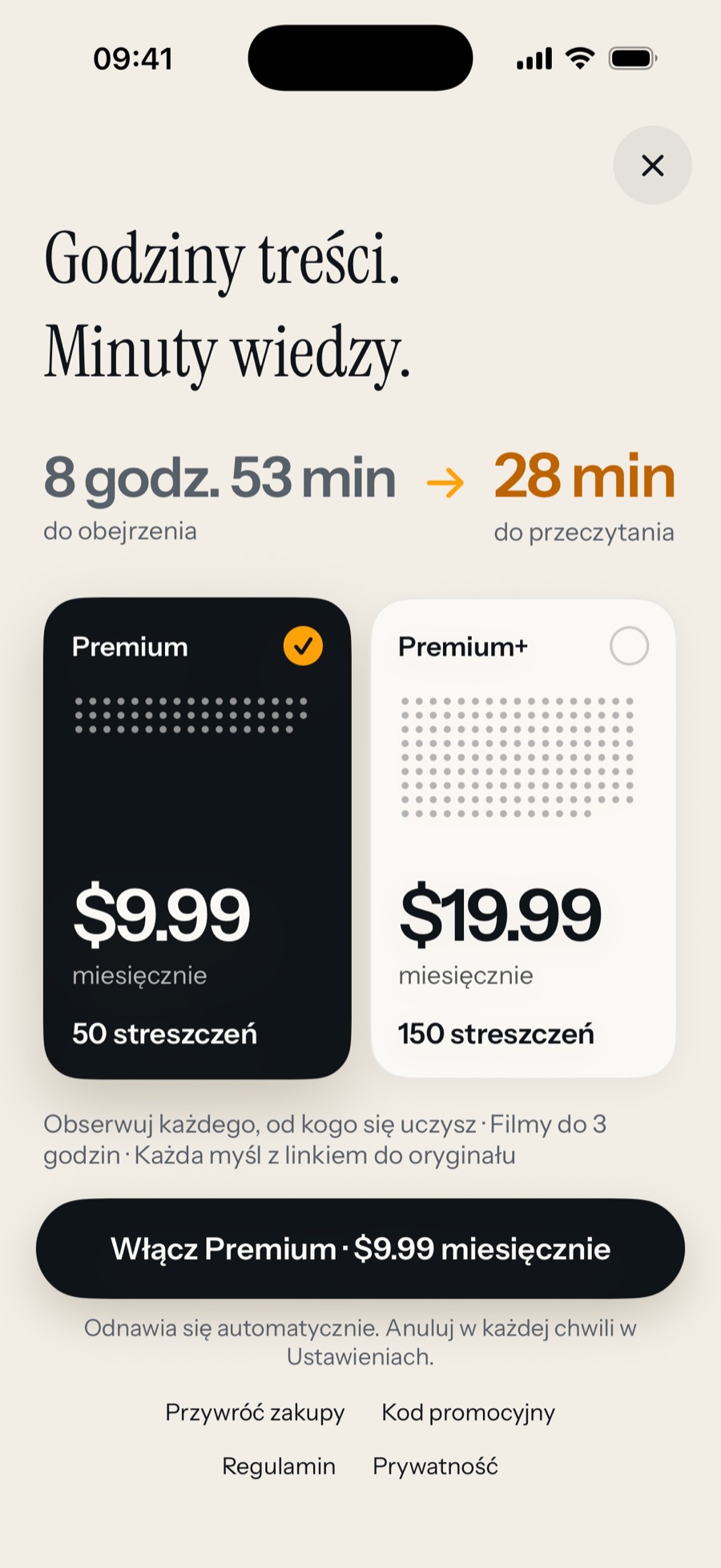 Ekran zakupu w Sumbly: 8 godz. 53 min oglądania zamienia się w 28 min czytania; Premium za 9,99 USD miesięcznie i 50 streszczeń albo Premium+ za 19,99 USD miesięcznie i 150, każde pokazane jako siatka kropek.