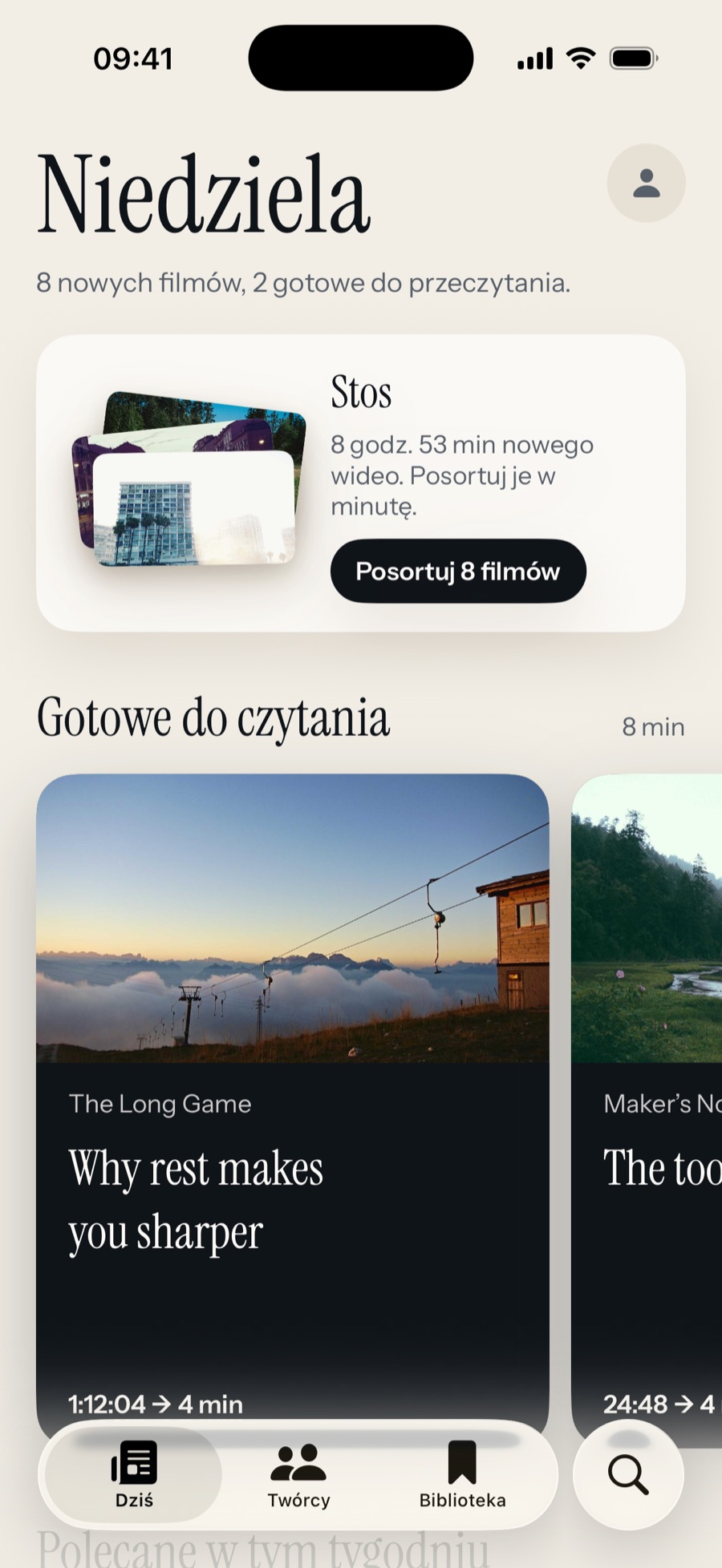 Ekran Dziś w Sumbly: 8 nowych filmów, 2 gotowe do przeczytania. Na stosie 8 godz. 53 min nowych filmów, przycisk do posortowania 8 filmów, a niżej streszczenia gotowe do czytania.