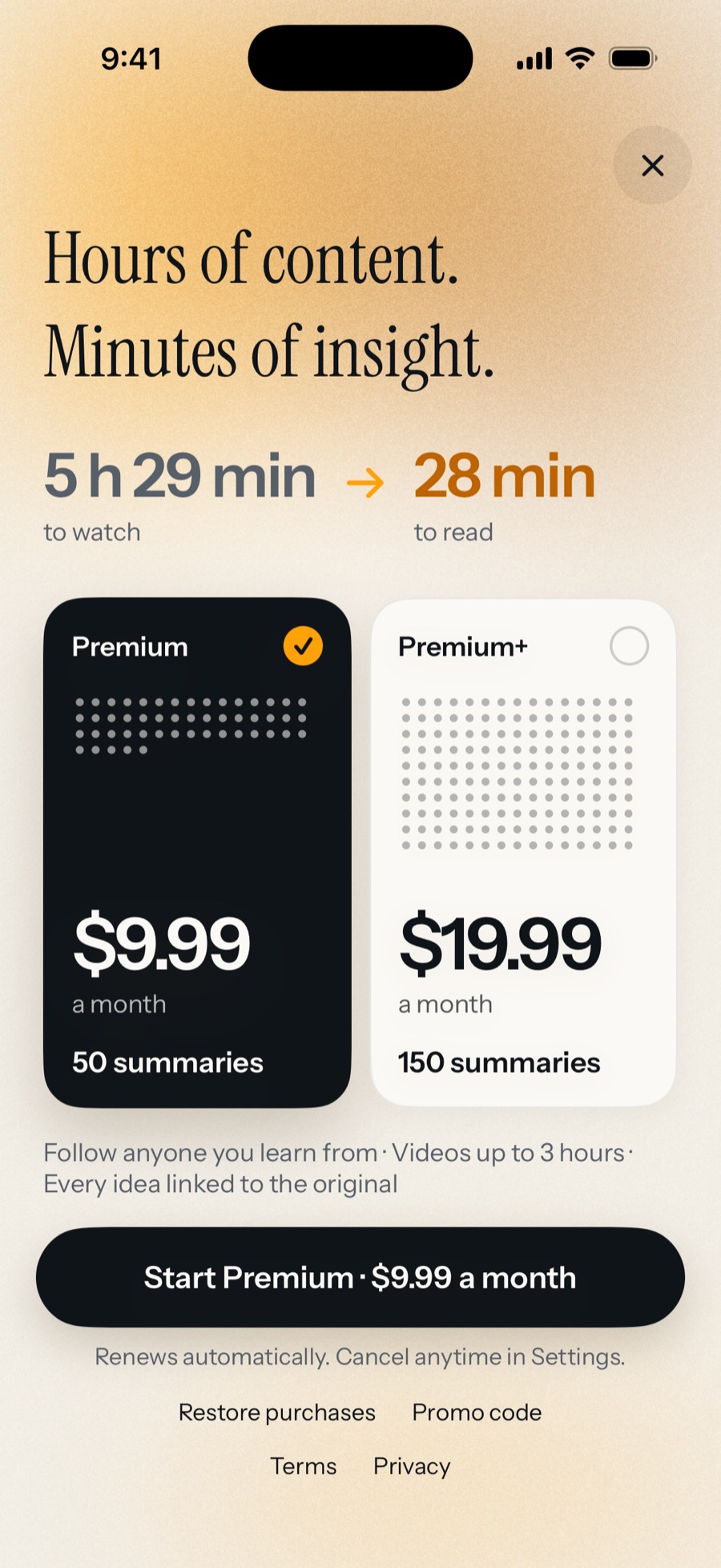 The Sumbly paywall: 5 h 29 min to watch becomes 28 min to read; Premium at $9.99 a month for 50 summaries, or Premium+ at $19.99 a month for 150, each shown as a grid of dots.