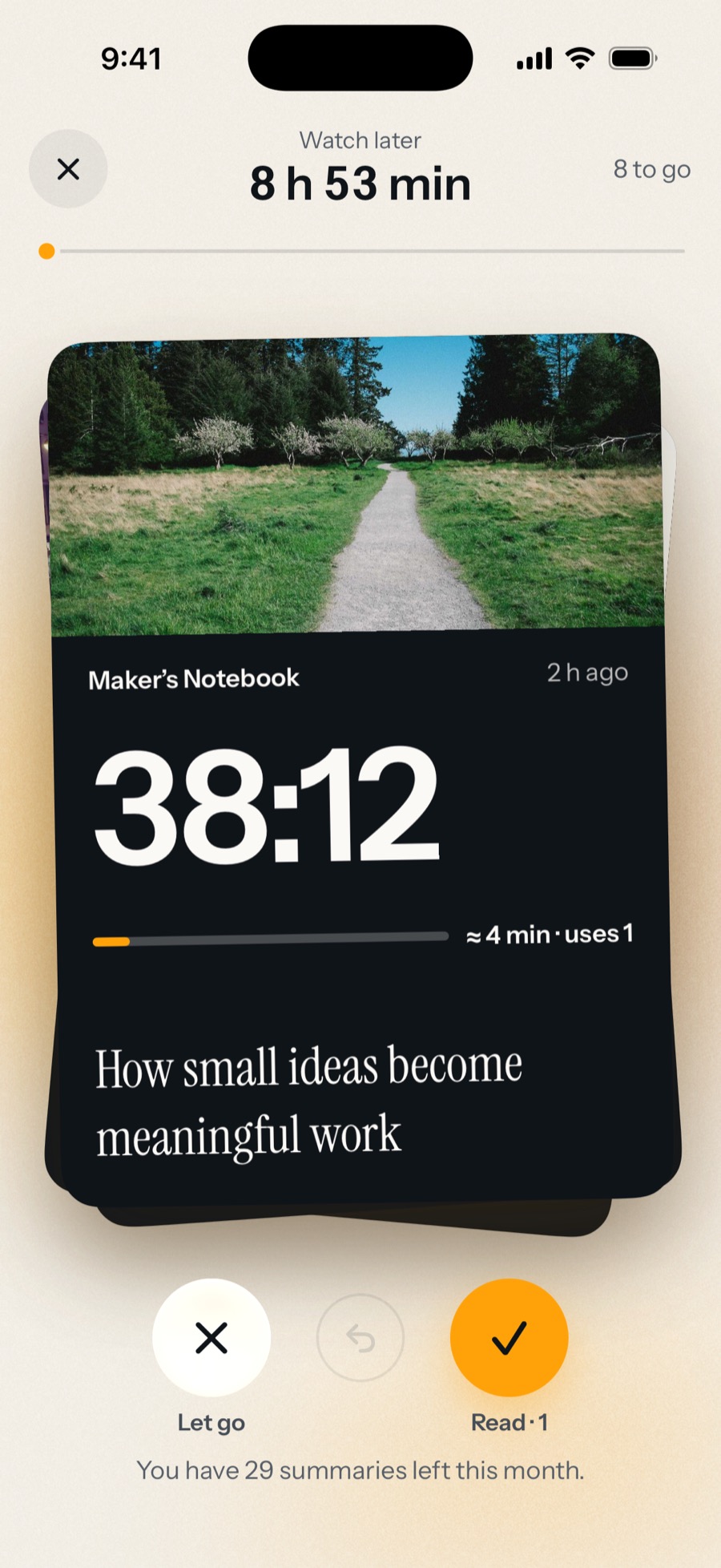 Sorting the pile: a card for a 38:12 video that reads in about 4 minutes, with Let go and Read buttons.