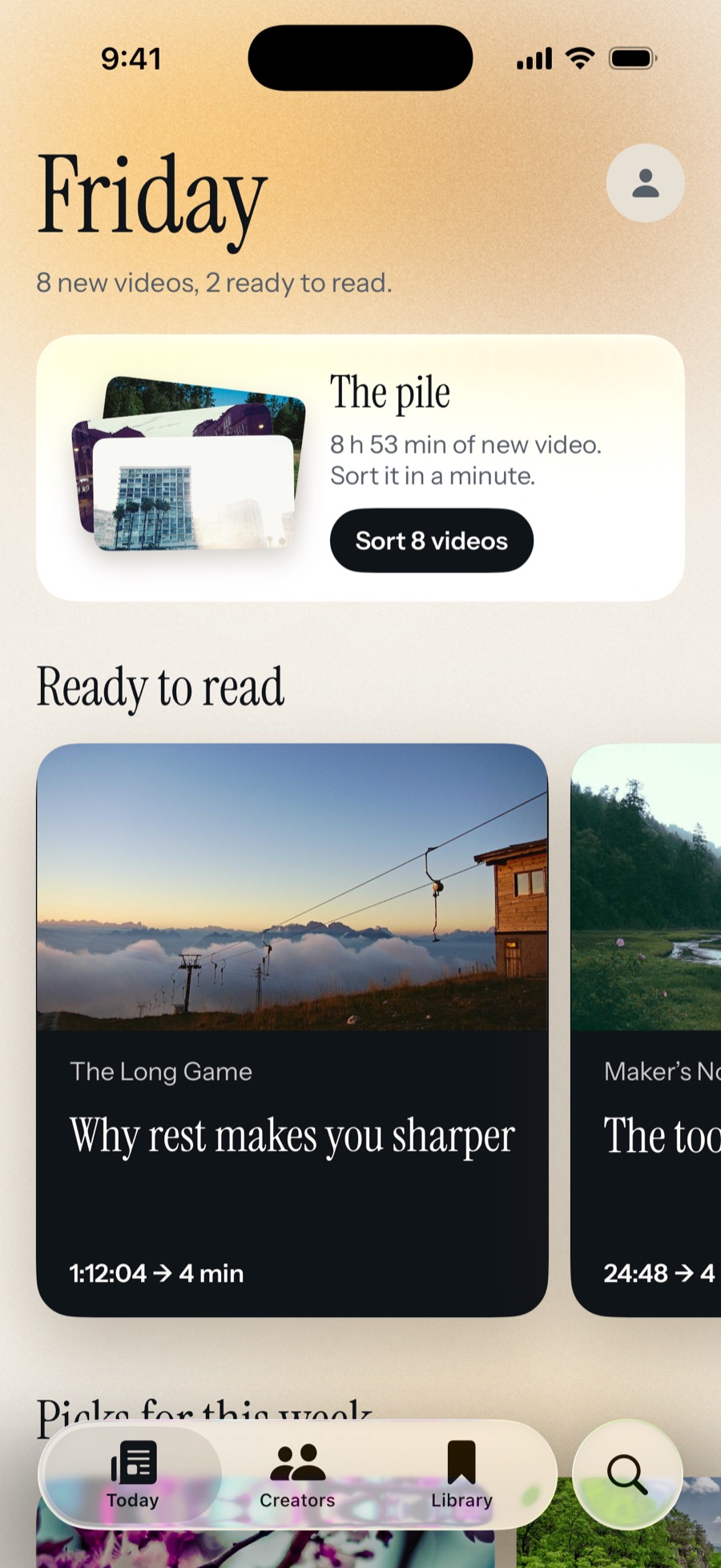 Sumbly’s Today screen: 8 new videos, 2 ready to read. The pile holds 8 h 53 min of new video, with a button to sort 8 videos, and summaries ready to read below.